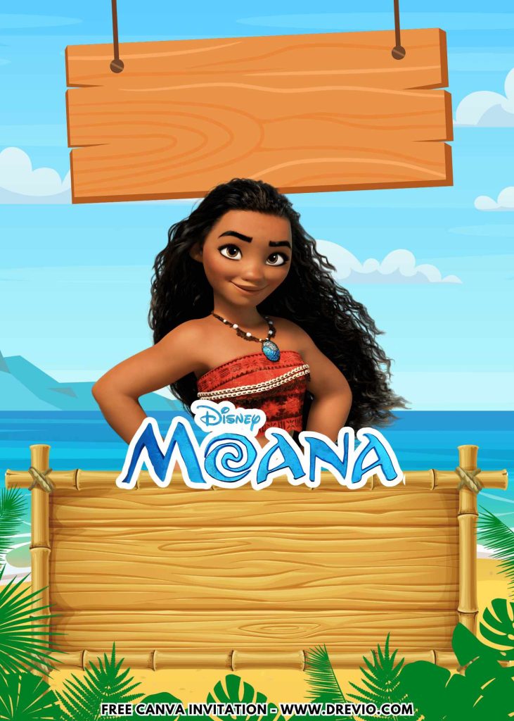 Free and Editable Wavy hair moana Birthday Invitation Templates Made in Canva. Customize Online for free