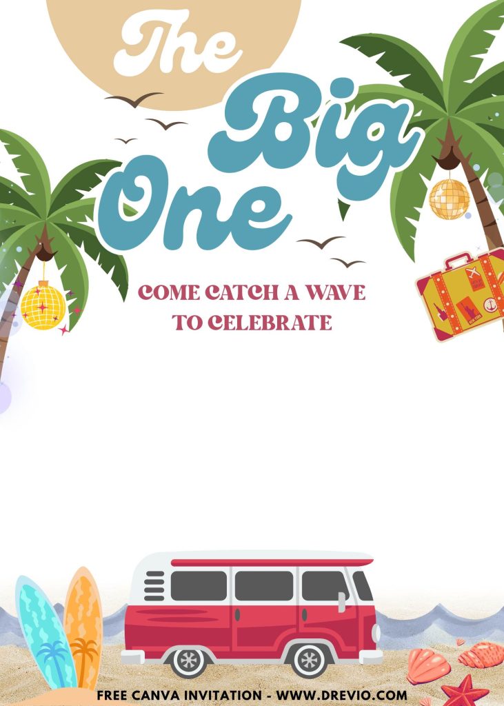 Free and Editable Tropical Summer The Big One Birthday Invitation Templates Made in Canva. Customize Online for free