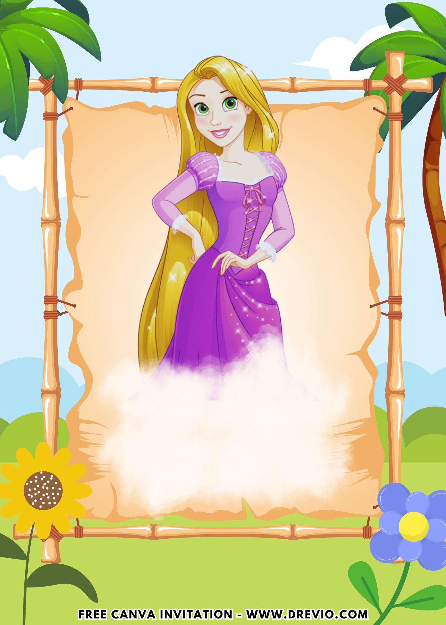 Free and Editable Disney Princess Rapunzel Birthday Invitation Templates Made in Canva. Customize Online for free