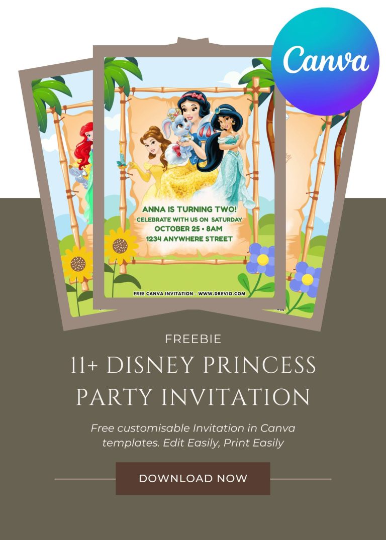 Free and Editable Adorable Disney Princess Birthday Invitation Templates Made in Canva. Customize Online for free