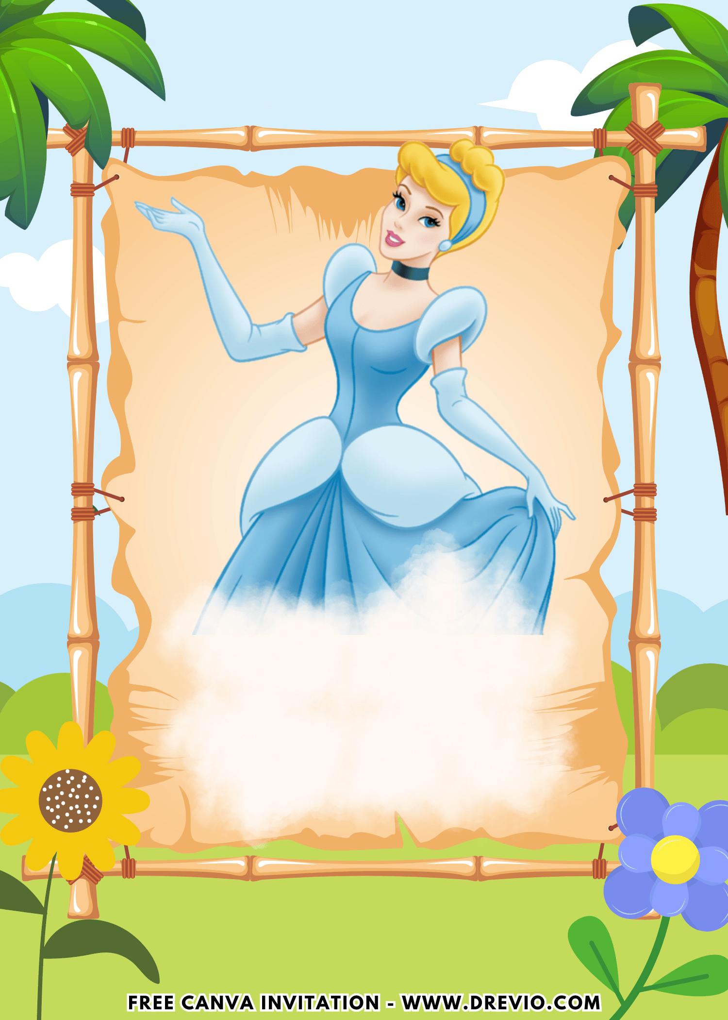 Free and Editable Gorgeous Disney Princess Cinderella Birthday Invitation Templates Made in Canva. Customize Online for free