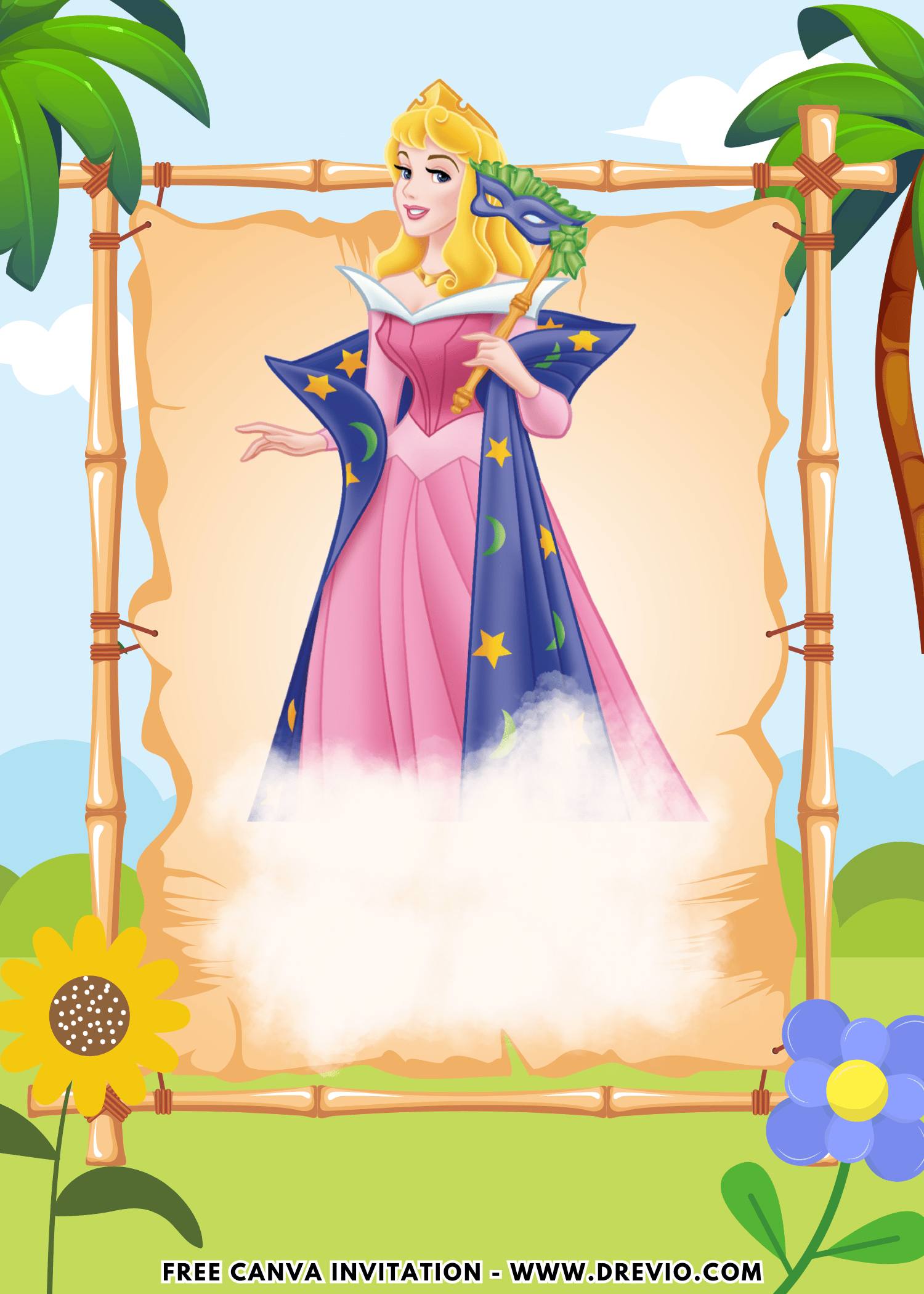 Free and Editable Disney Princess Sleeping Beauty Aurora Birthday Invitation Templates Made in Canva. Customize Online for free