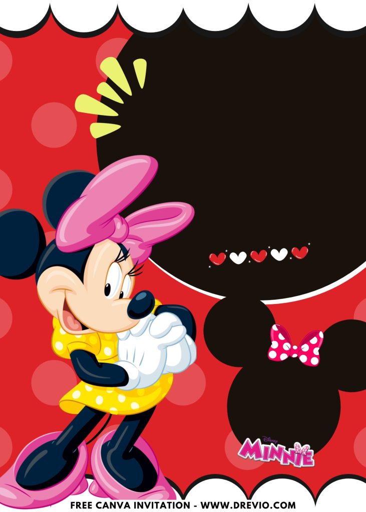 Free and Editable Pink Bow Minnie Mouse Birthday Invitation Templates Made in Canva. Customize Online for free