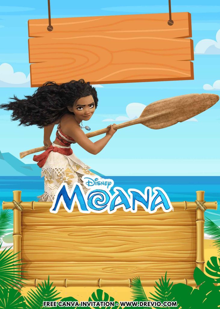 Free and Editable moana holding paddle stick Birthday Invitation Templates Made in Canva. Customize Online for free