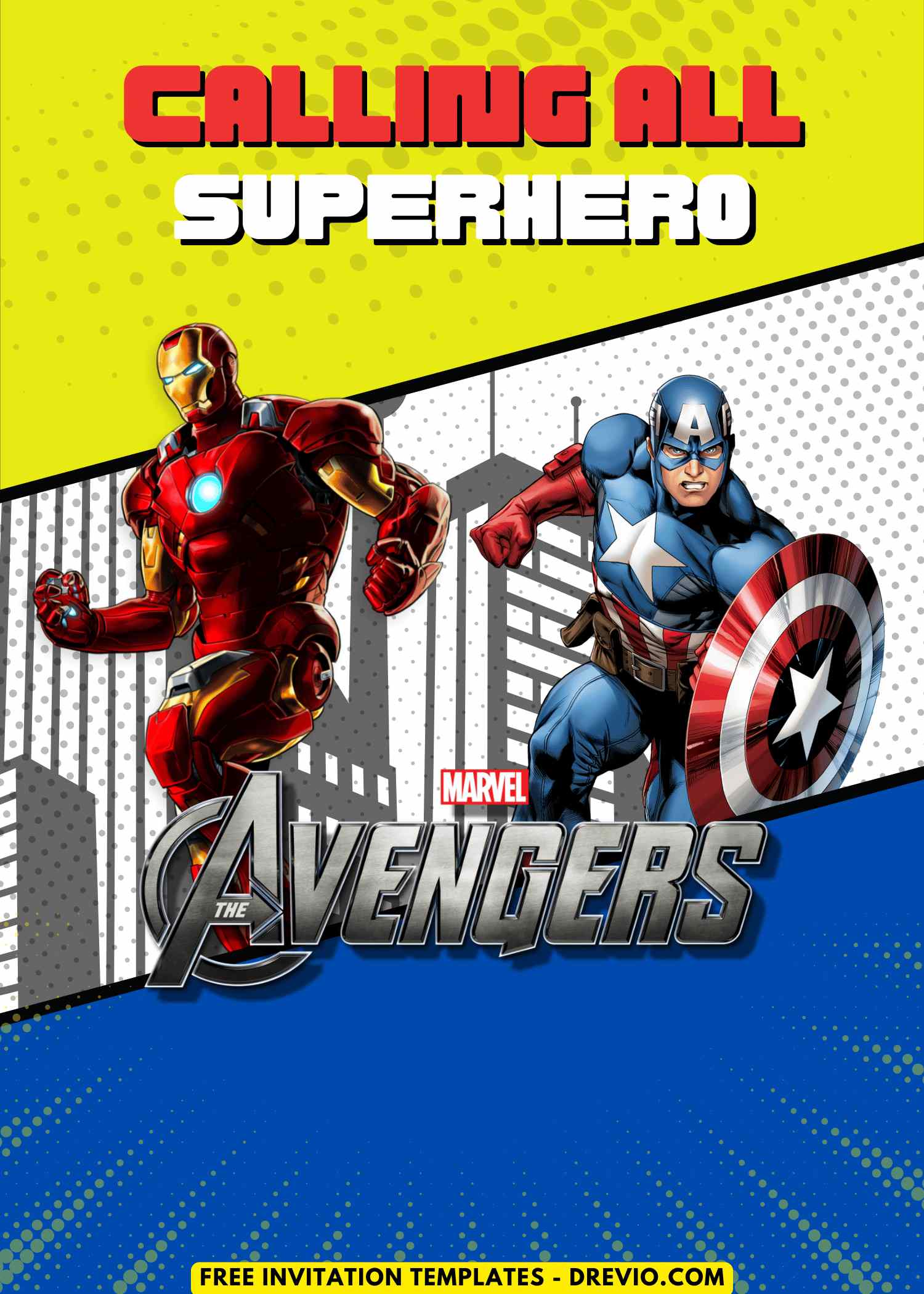 Free and Editable Iron-Man and Captain America Avengers Birthday Invitation Templates Made in Canva. Customize Online for free