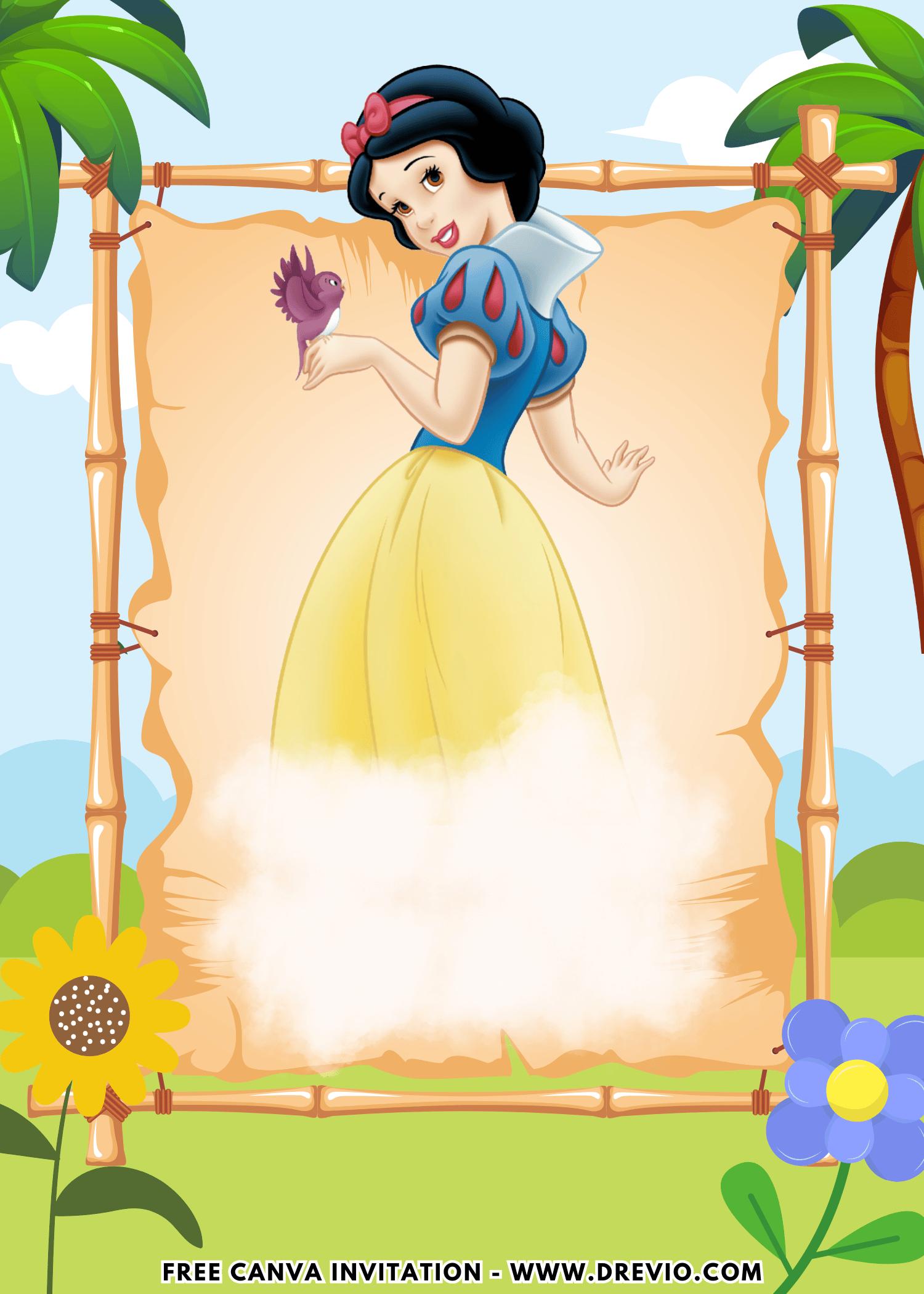 Free and Editable Lovely Cute Disney Princess Snow White Birthday Invitation Templates Made in Canva. Customize Online for free