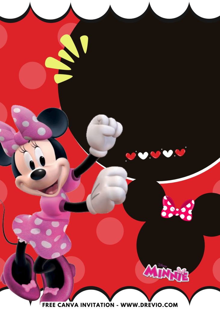 Free and Editable Pink Polka Dot Minnie Mouse Birthday Invitation Templates Made in Canva. Customize Online for free