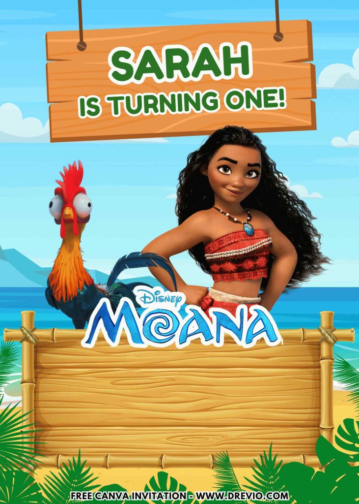 Free and Editable moana and heihei rooster chicken Birthday Invitation Templates Made in Canva. Customize Online for free