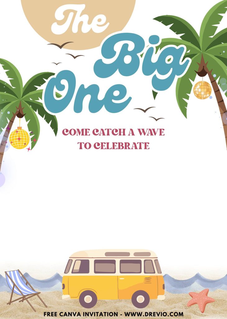Free and Editable The Big One Classic Combi Van Birthday Invitation Templates Made in Canva. Customize Online for free