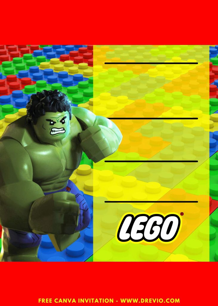 Free and Editable Awesome LEGO Hulk Birthday Invitation Templates Made in Canva. Customize Online for free