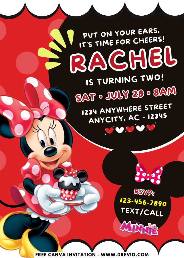 Free and Editable Minnie Mouse Birthday Invitation Templates Made in Canva. Customize Online for free