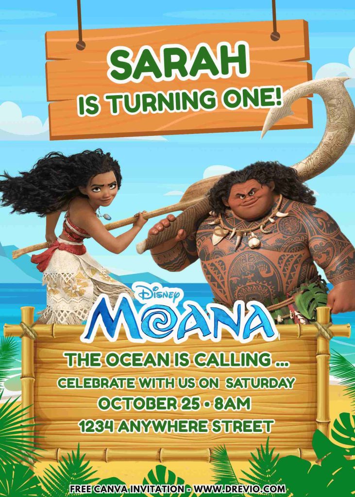 Free and Editable moana Birthday Invitation Templates Made in Canva. Customize Online for free