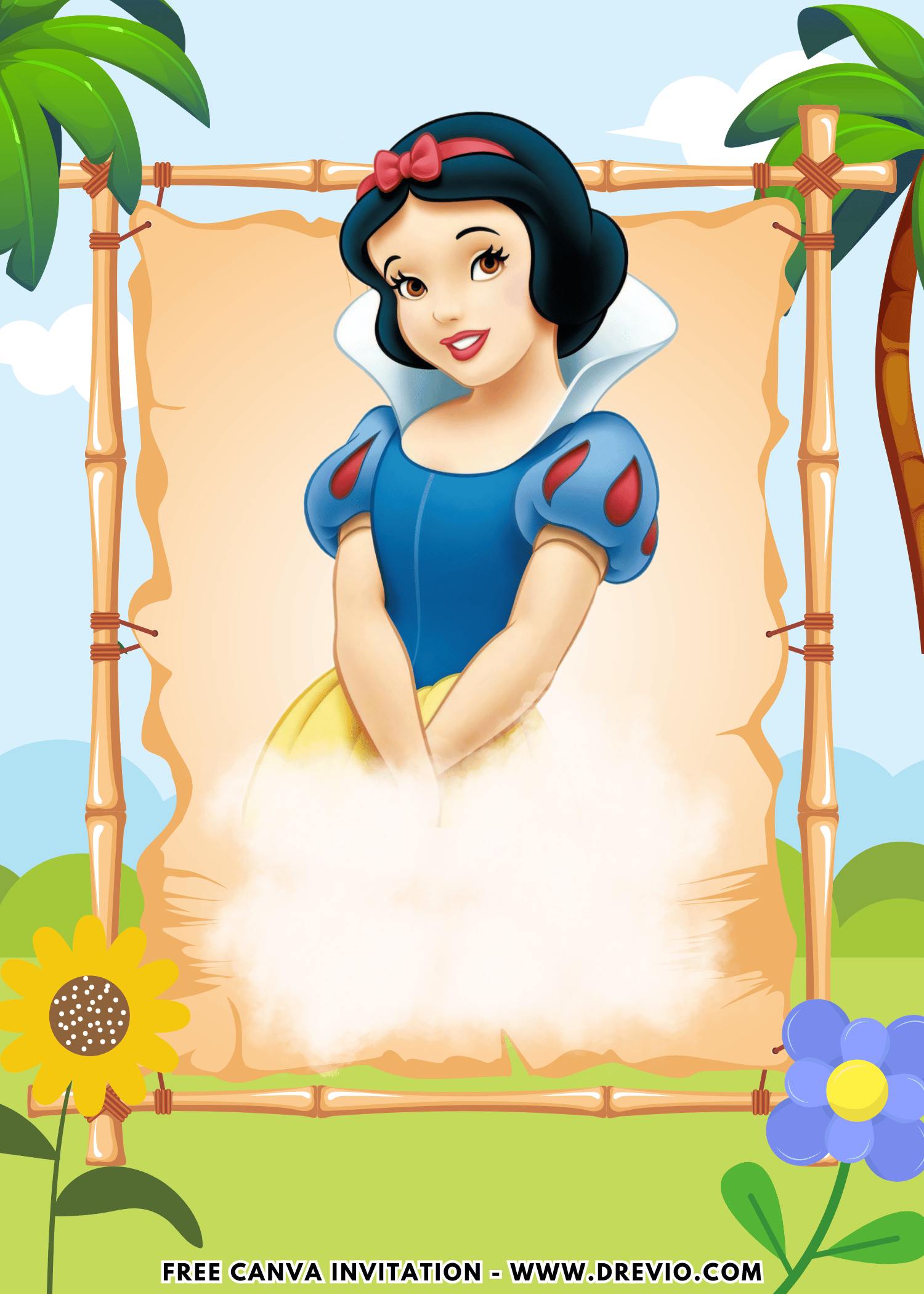 Free and Editable Disney Princess Garden Snow White Birthday Invitation Templates Made in Canva. Customize Online for free