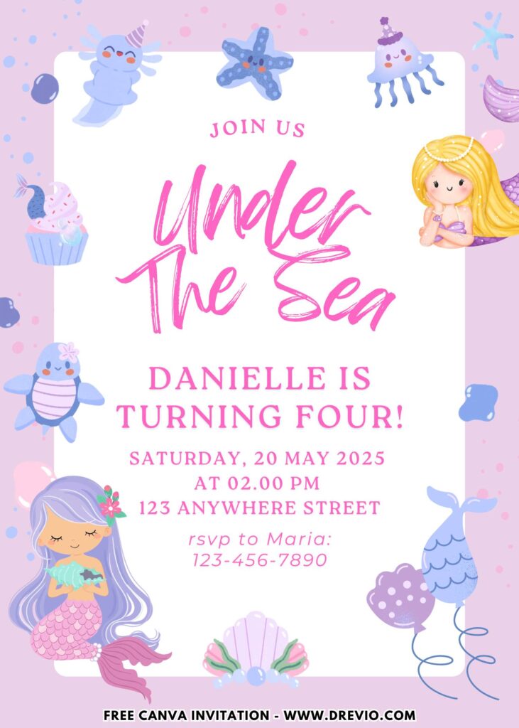 Free and Editable Under the Sea Mermaid Birthday Invitation Templates Made in Canva. Customize Online for free