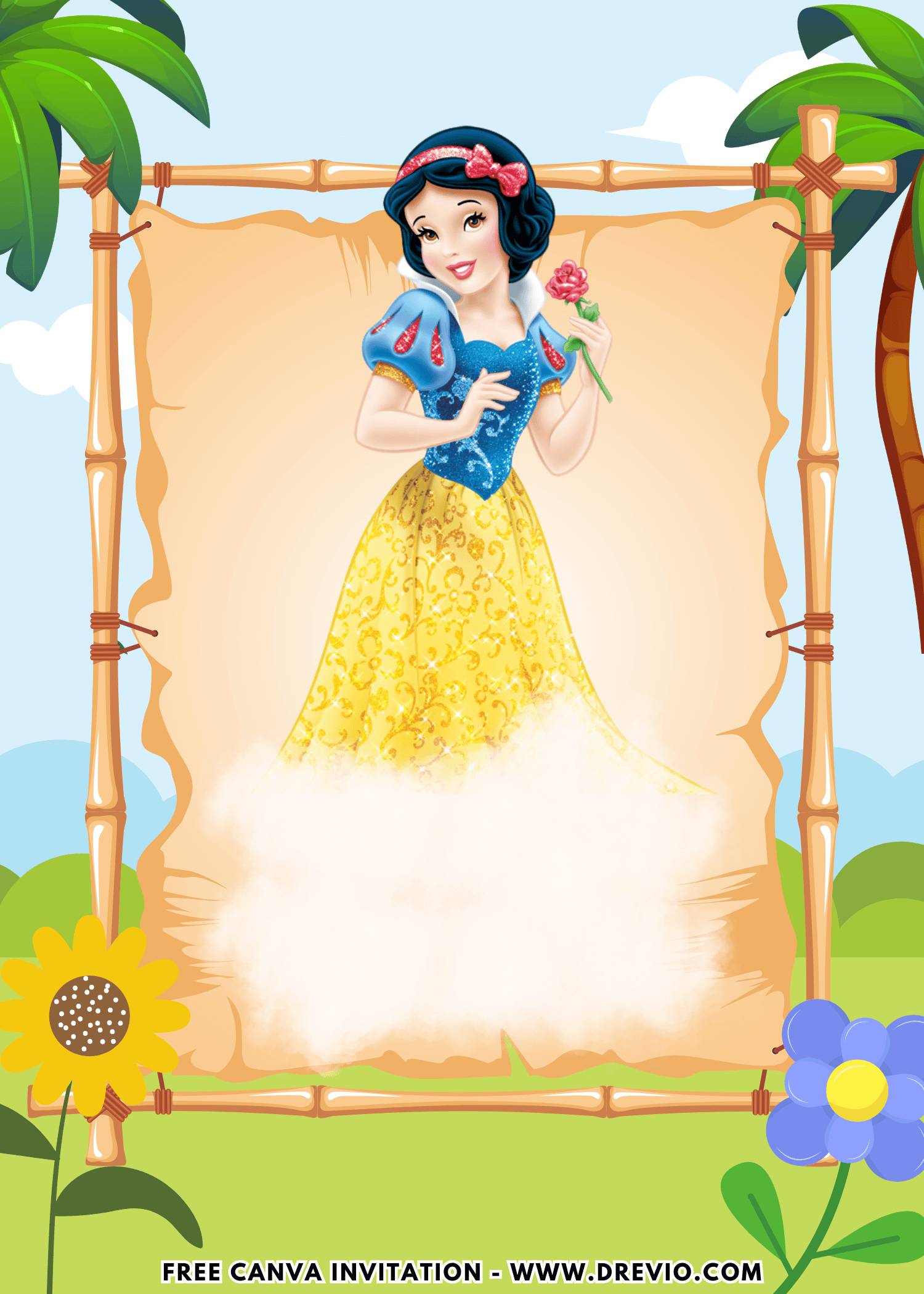 Free and Editable Disney Princess Snow White Birthday Invitation Templates Made in Canva. Customize Online for free