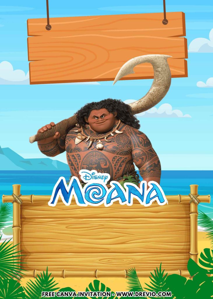 Free and Editable cute Maui moana Birthday Invitation Templates Made in Canva. Customize Online for free