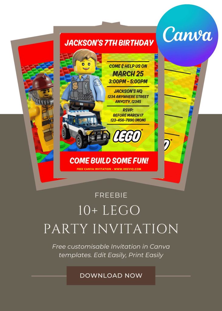 Free and Editable Epic LEGO Police Officer and Patrol Car Birthday Invitation Templates Made in Canva. Customize Online for free