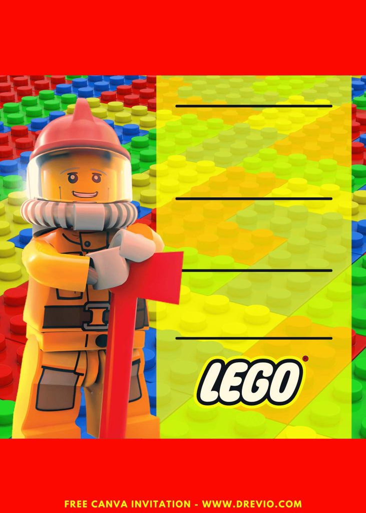 Free and Editable Cute LEGO Firefighter Birthday Invitation Templates Made in Canva. Customize Online for free