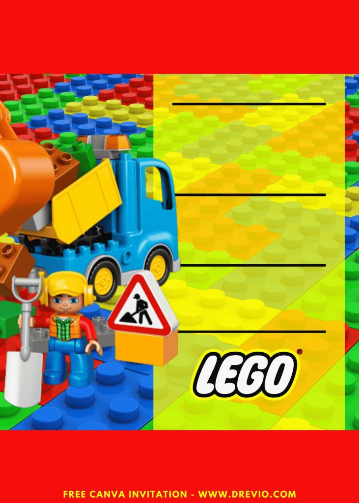 Free and Editable Cute LEGO Construction Worker Birthday Invitation Templates Made in Canva. Customize Online for free