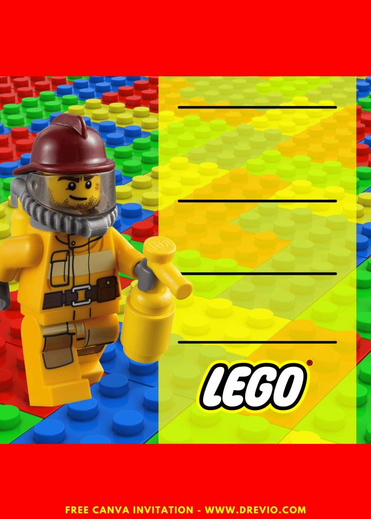 Free and Editable Cute LEGO Firefighter Birthday Invitation Templates with Brick Background Made in Canva. Customize Online for free