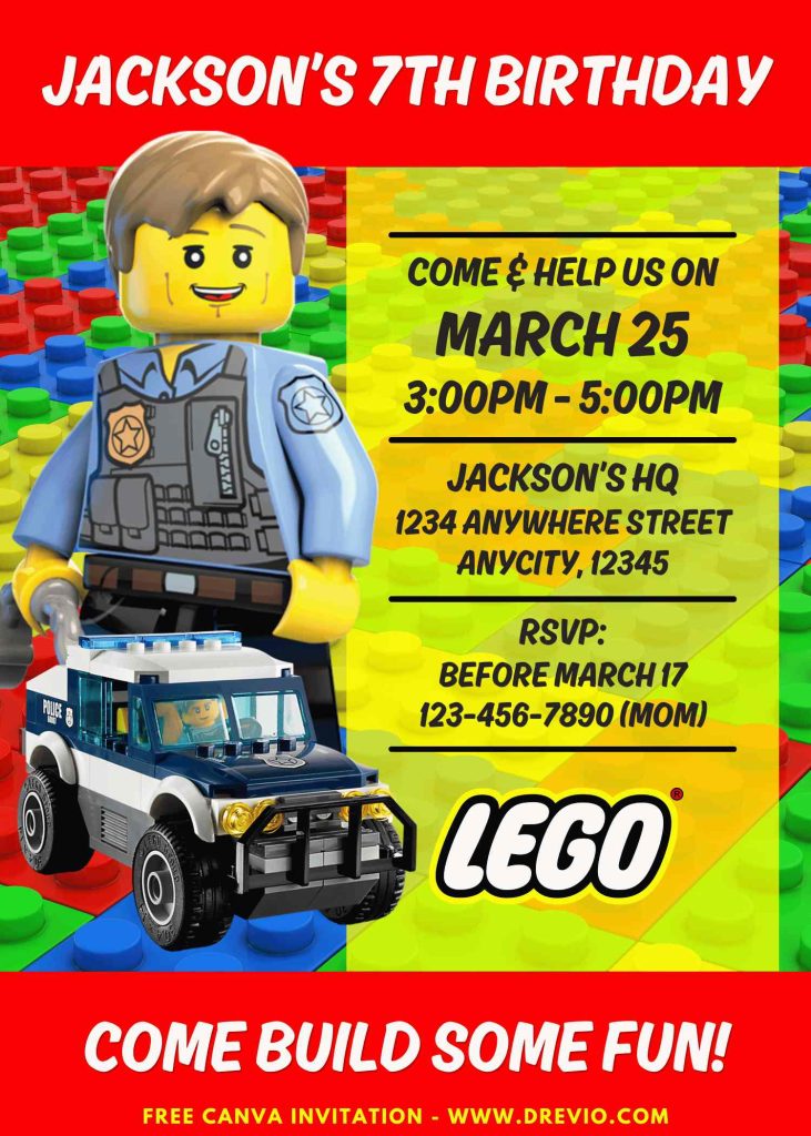 Free and Editable LEGO Police Birthday Invitation Templates Made in Canva. Customize Online for free