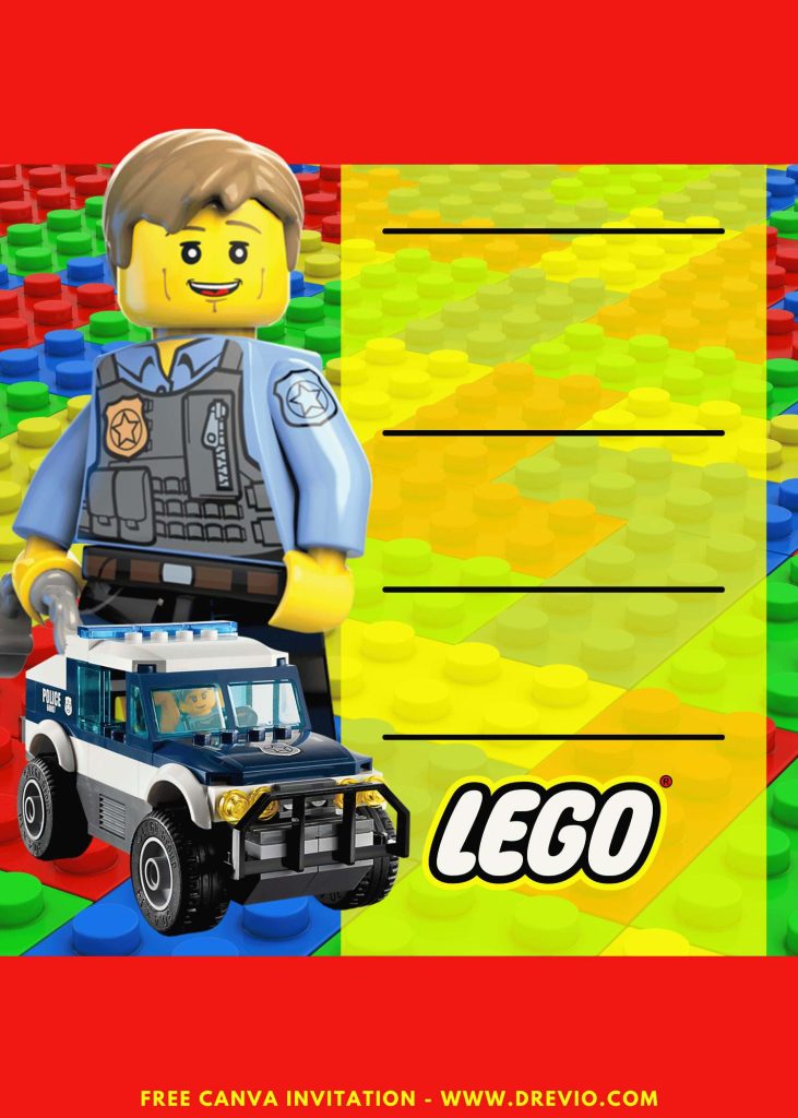 Free and Editable Awesome LEGO Police Birthday Invitation Templates Made in Canva. Customize Online for free