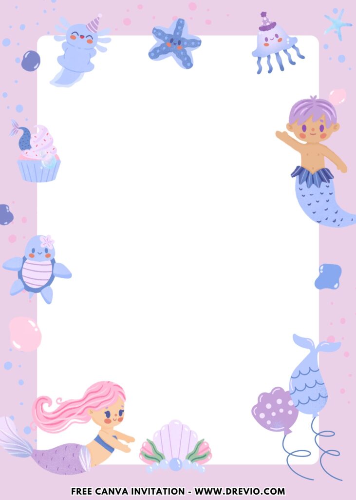 Free and Editable Cute Chibi Mermaid Birthday Invitation Templates Made in Canva. Customize Online for free