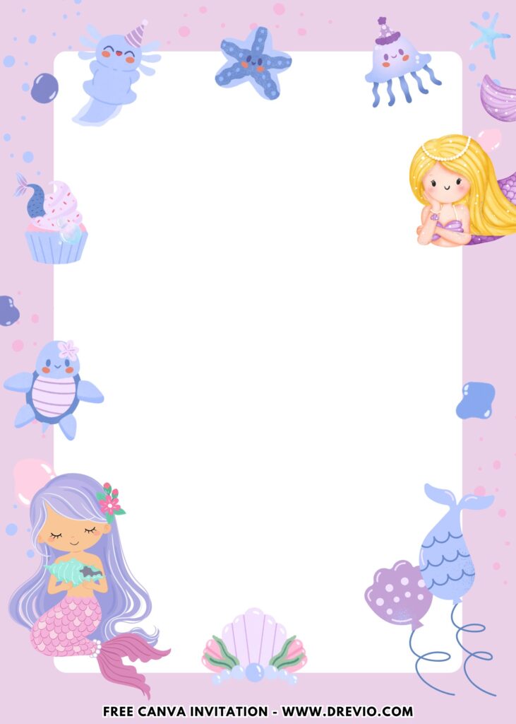 Free and Editable Mermaid Princess Birthday Invitation Templates Made in Canva. Customize Online for free