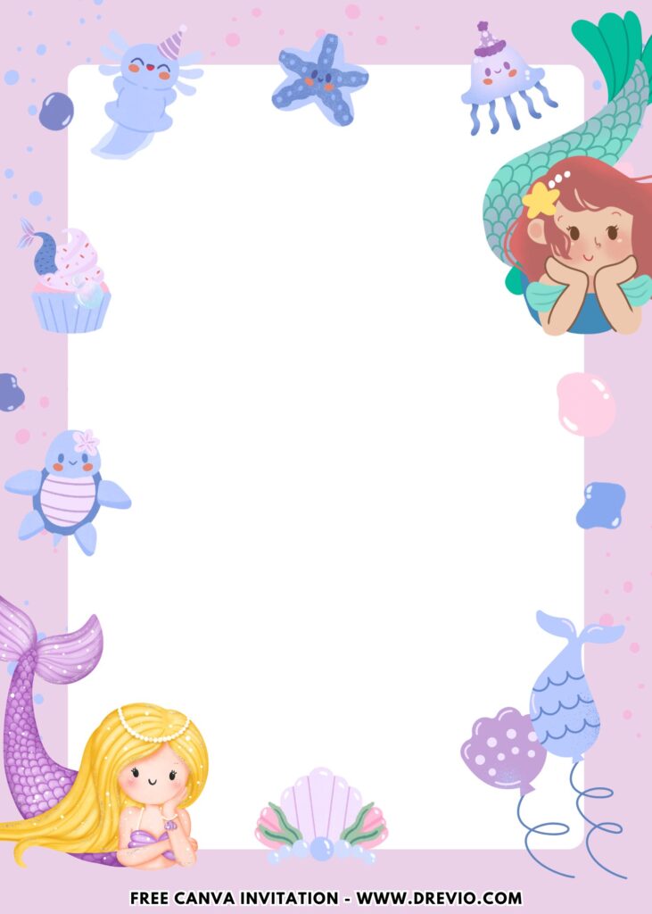 Free and Editable Sea Turtle and Mermaid Birthday Invitation Templates Made in Canva. Customize Online for free