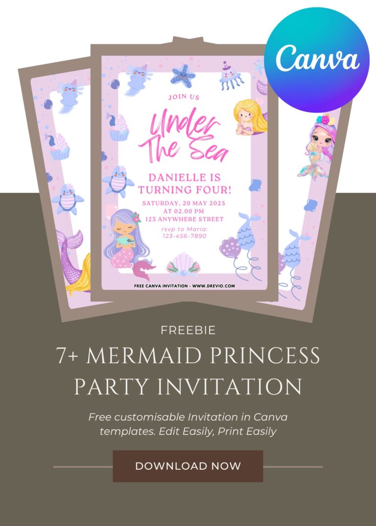 Free and Editable Mermaid Birthday Invitation Templates Made in Canva. Customize Online for free
