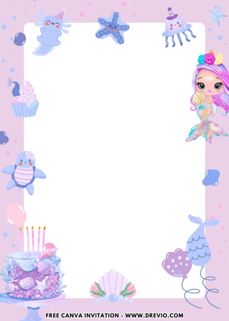 Free and Editable Pastel Mermaid Birthday Invitation Templates Made in Canva. Customize Online for free