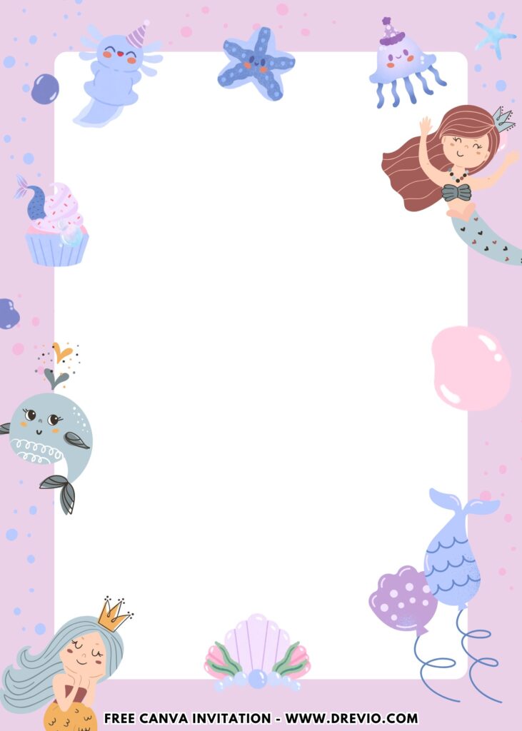 Free and Editable Adorable Mermaid Birthday Invitation Templates Made in Canva. Customize Online for free