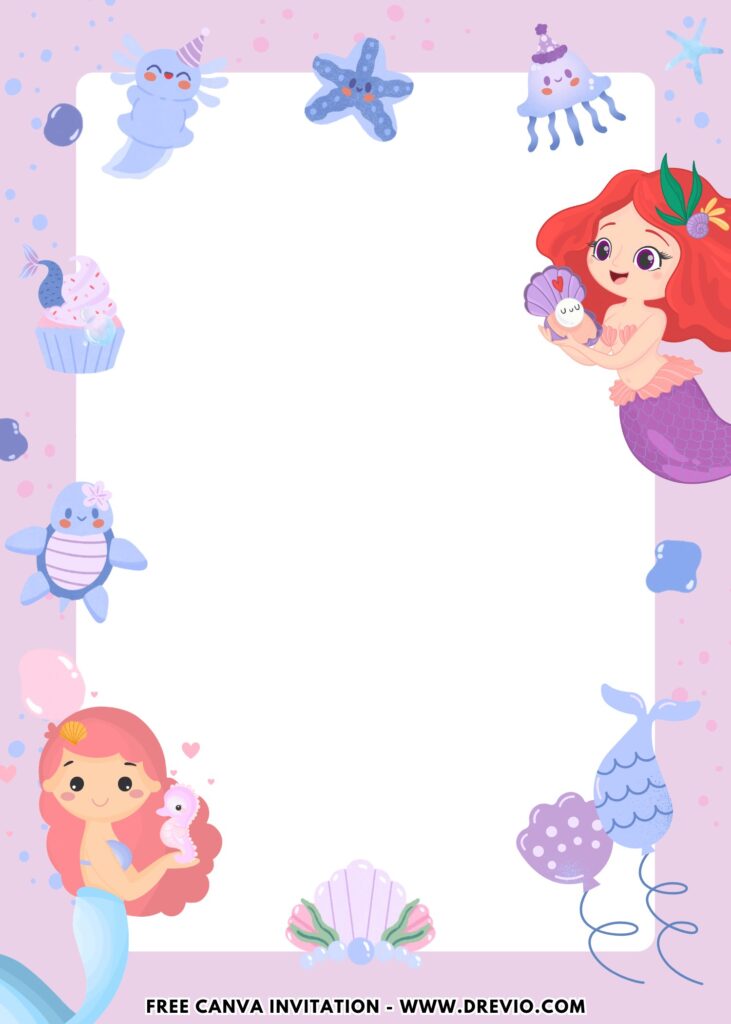 Free and Editable Lovely Cute Mermaid Birthday Invitation Templates Made in Canva. Customize Online for free