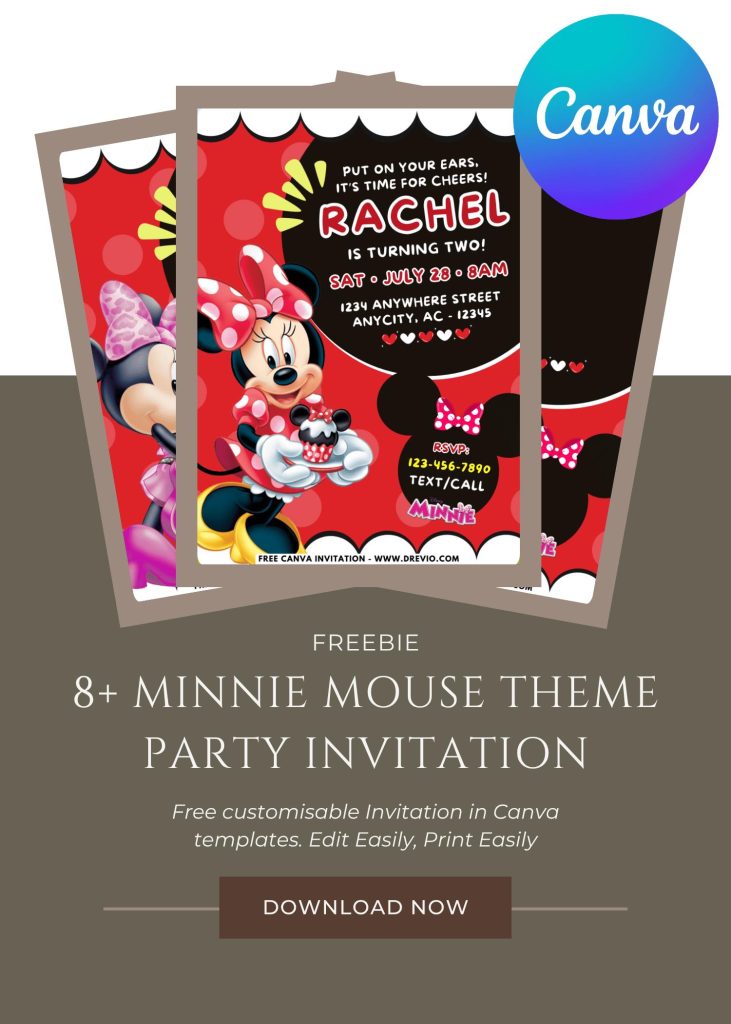 Free and Editable Cute Minnie Mouse Birthday Invitation Templates Made in Canva. Customize Online for free