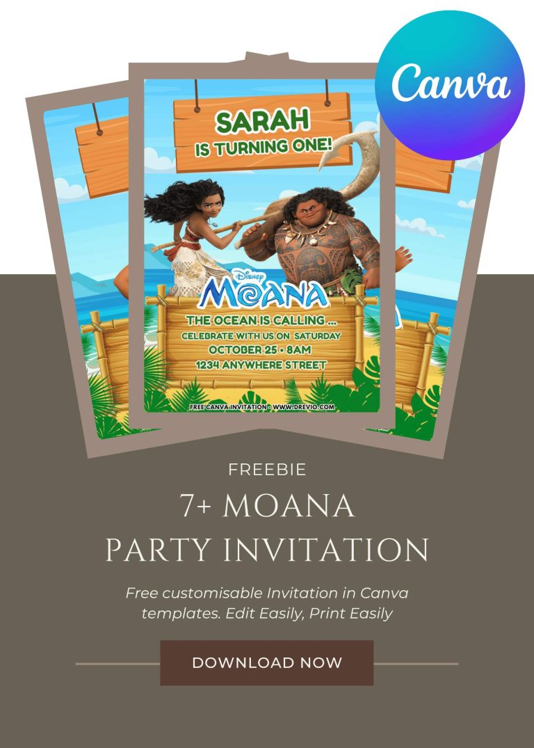 Free and Editable Beachside Disney Moana and Maui Birthday Invitation Templates Made in Canva. Customize Online for free