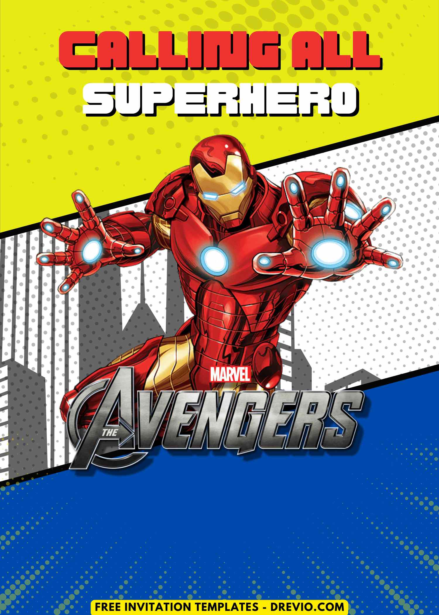 Free and Editable Iron Man Mark V Avengers Birthday Invitation Templates Made in Canva. Customize Online for free