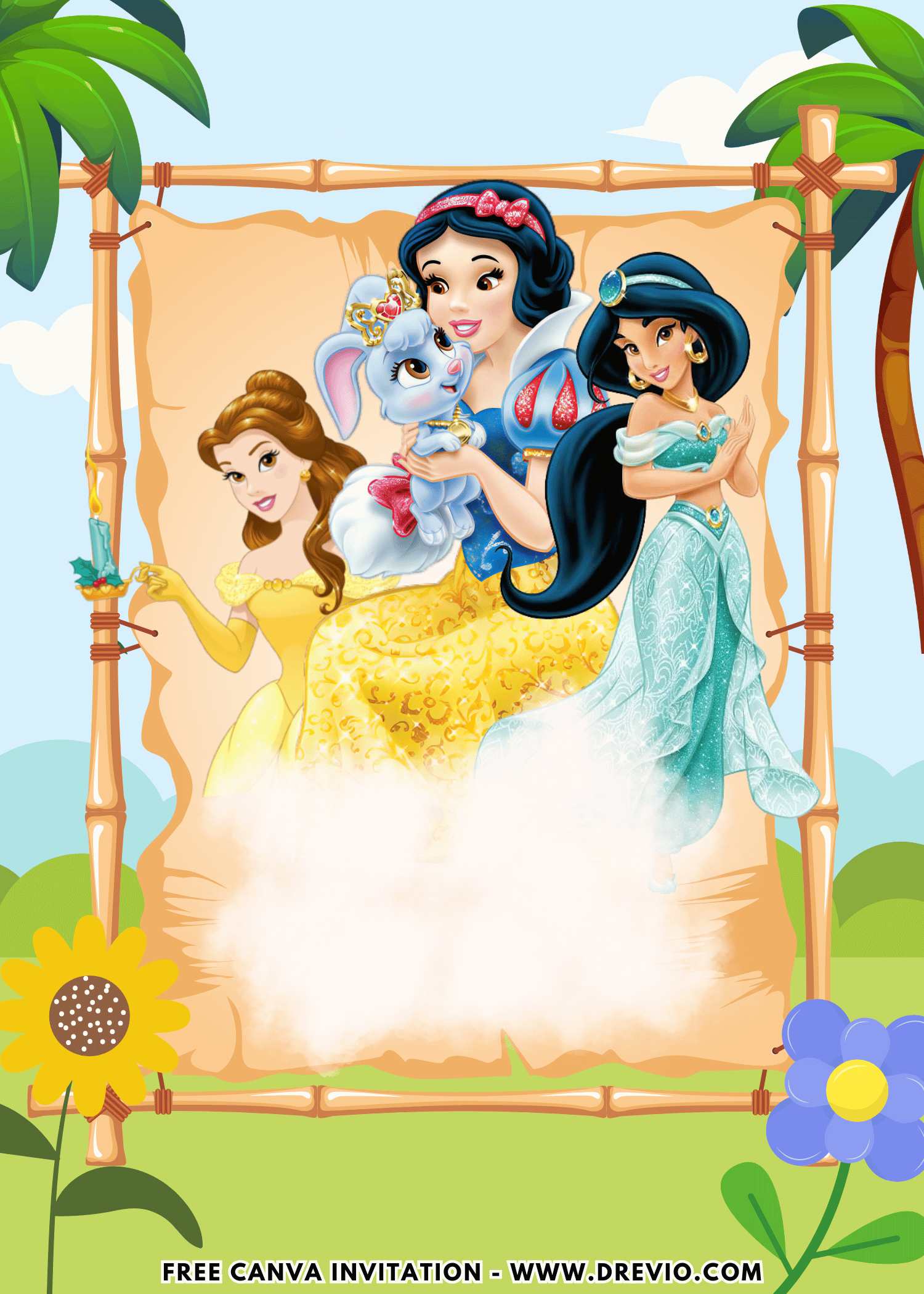 Free and Editable Disney Princess Belle Beauty and the Beast and Jasmine Birthday Invitation Templates Made in Canva. Customize Online for free