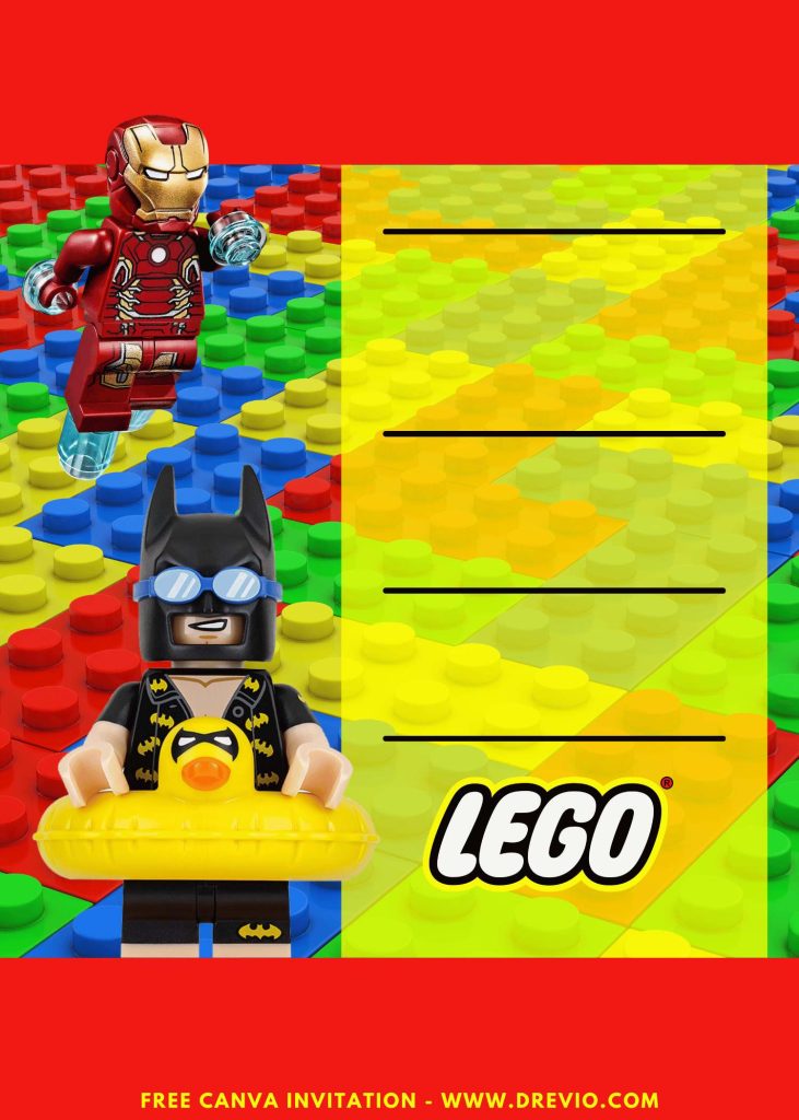 Free and Editable Awesome LEGO Marvel Avengers Iron man and Batman with pool ring Birthday Invitation Templates Made in Canva. Customize Online for free