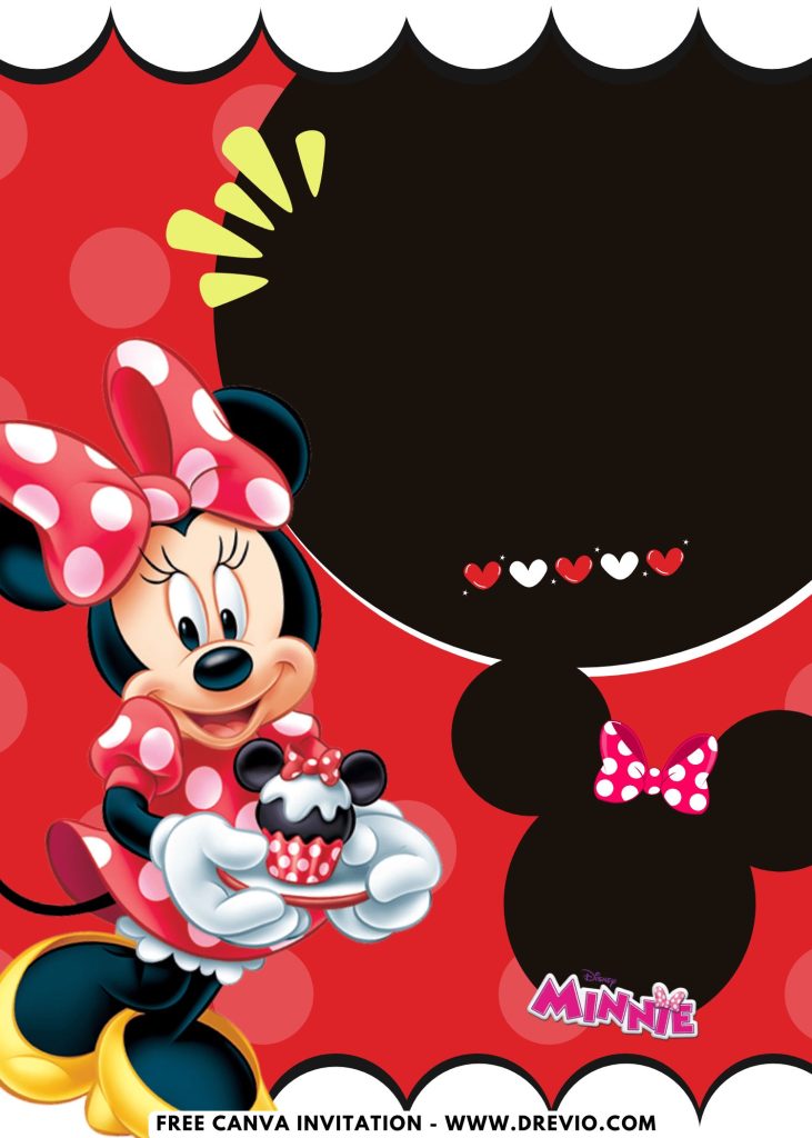 Free and Editable Minnie Mouse Ear Cupcake Birthday Invitation Templates Made in Canva. Customize Online for free