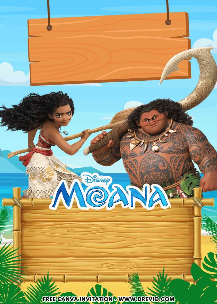 Free and Editable Disney Maui and Princess Moana Birthday Invitation Templates Made in Canva. Customize Online for free