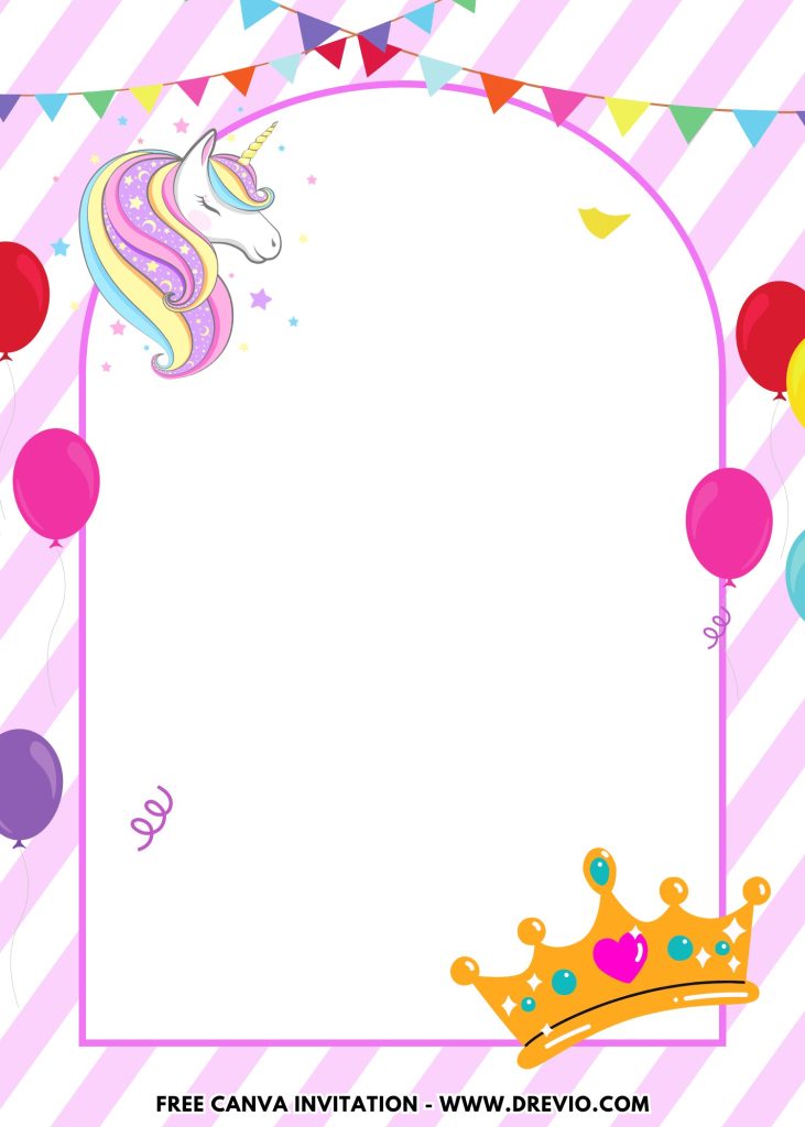 Free and Editable Cute Unicorn and Princess Tiara Birthday Invitation Templates Made in Canva. Customize Online for free