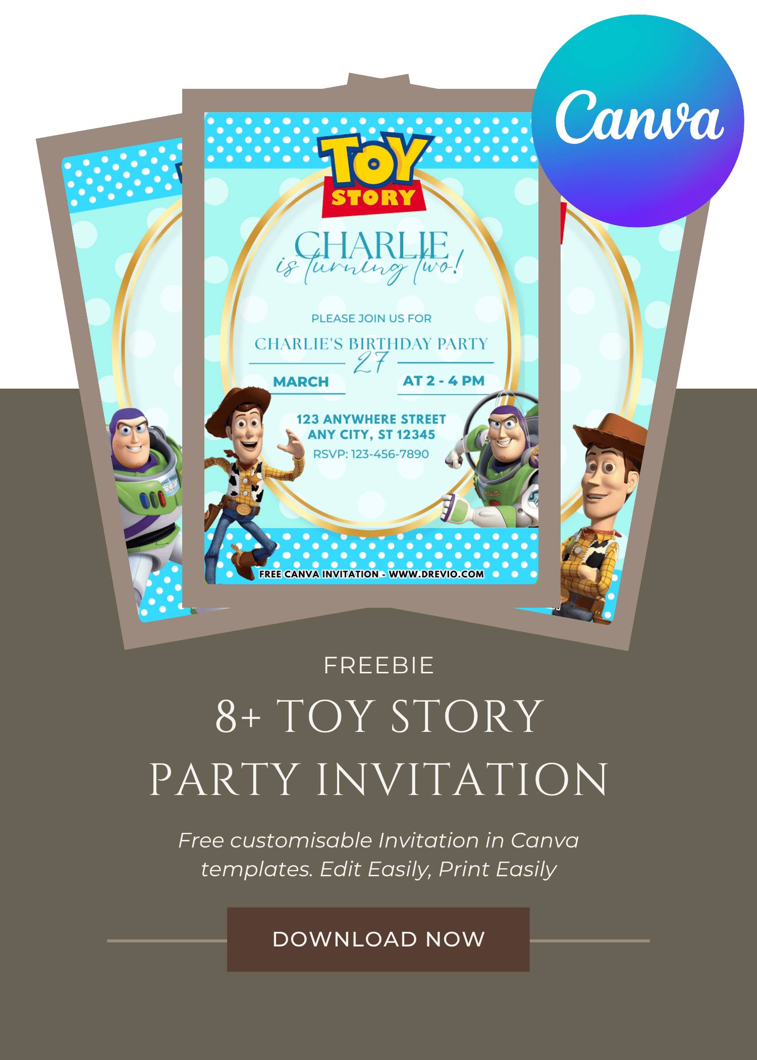 Free and Editable Toy Story Birthday Invitation Templates Made in Canva. Customize Online for free