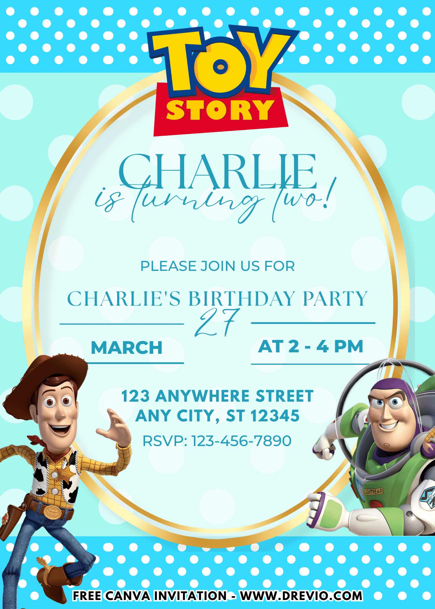 Free and Editable Blue and White Polka Dot Toy Story Birthday Invitation Templates Made in Canva. Customize Online for free