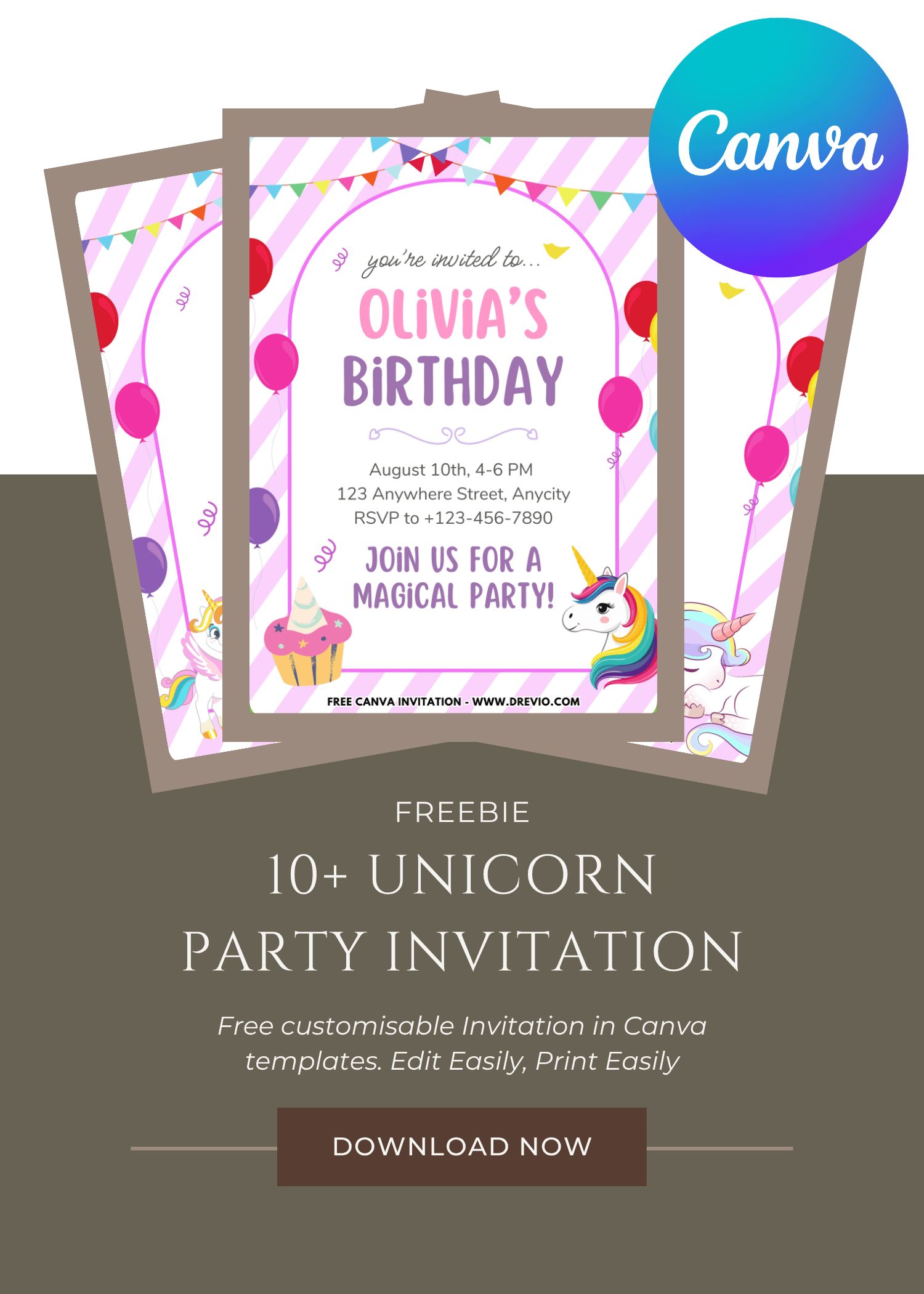 Free and Editable Magical Unicorn Birthday Invitation Templates Made in Canva. Customize Online for free