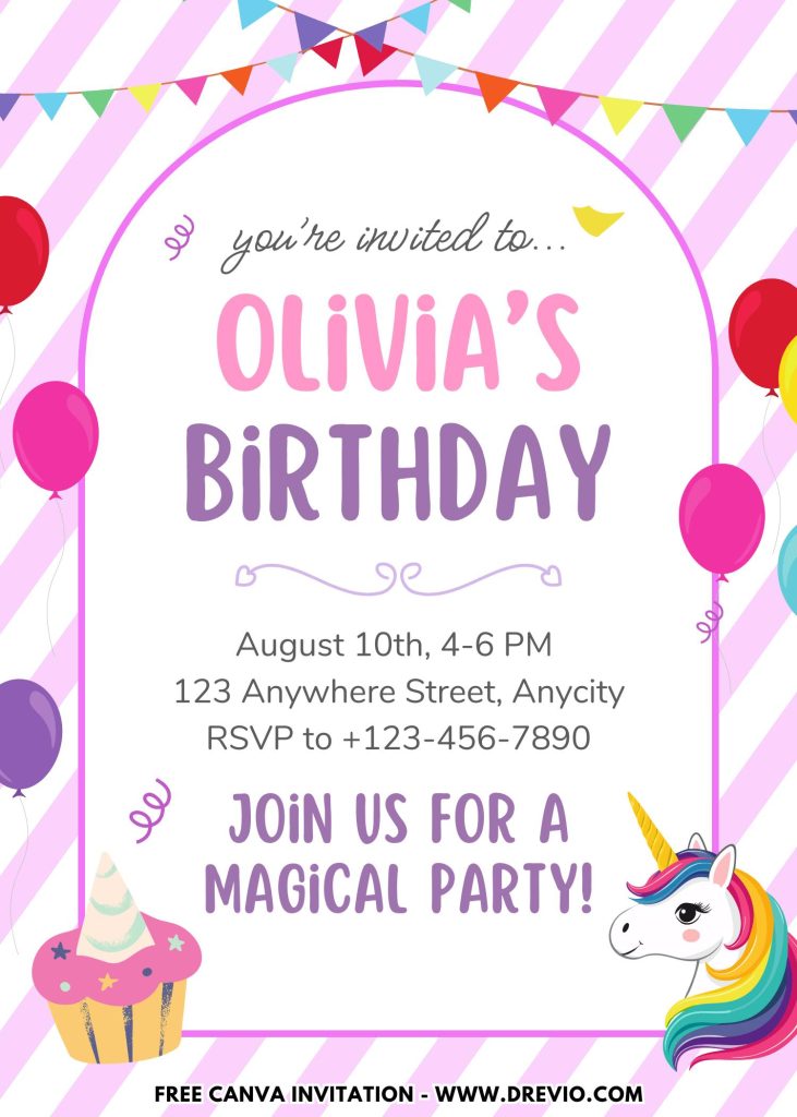 Free and Editable Dreamy Unicorn Birthday Invitation Templates Made in Canva. Customize Online for free