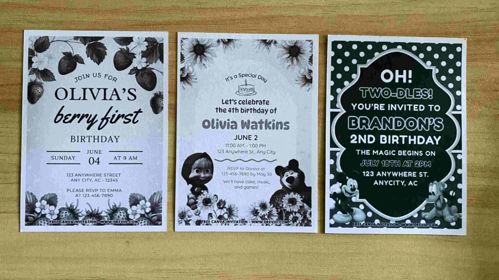 Preview of Printed Mickey Mouse, Marsha and the Bear and Strawberry First Birthday Invitation