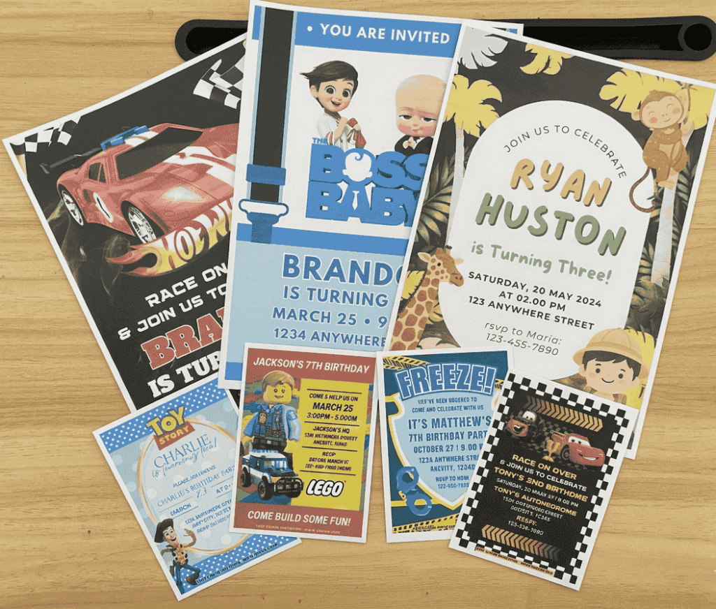 Cute Preview of Printed Boss Baby Birthday Invitation along with Hot Wheels and Jungle Party Animals invitation