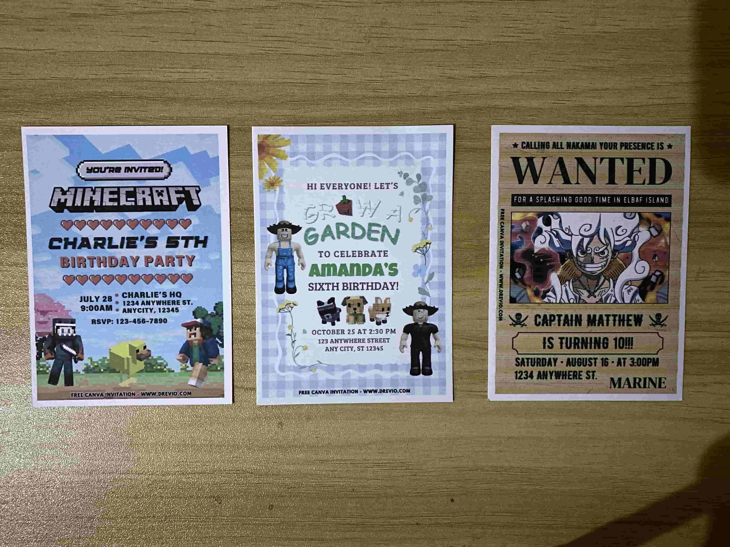 Preview of One Piece Luffy Gear 5, Roblox Grow a Garden and Minecraft birthday invitation printed on matte cardstock a7 250gsm paper