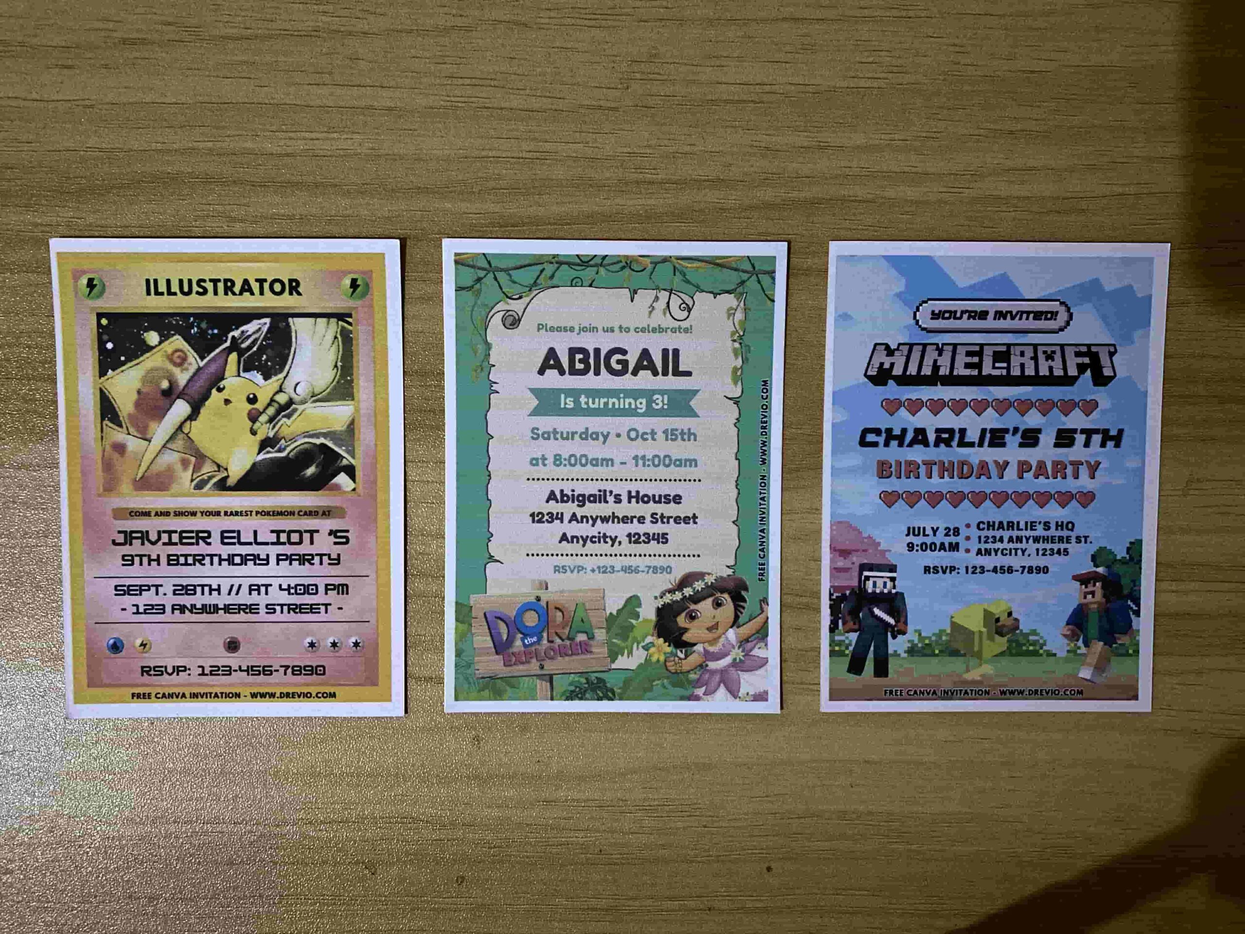 Preview of Minecraft, Dora the Explorer and Rare Pokemon Illustrator Card Birthday Invitation printed