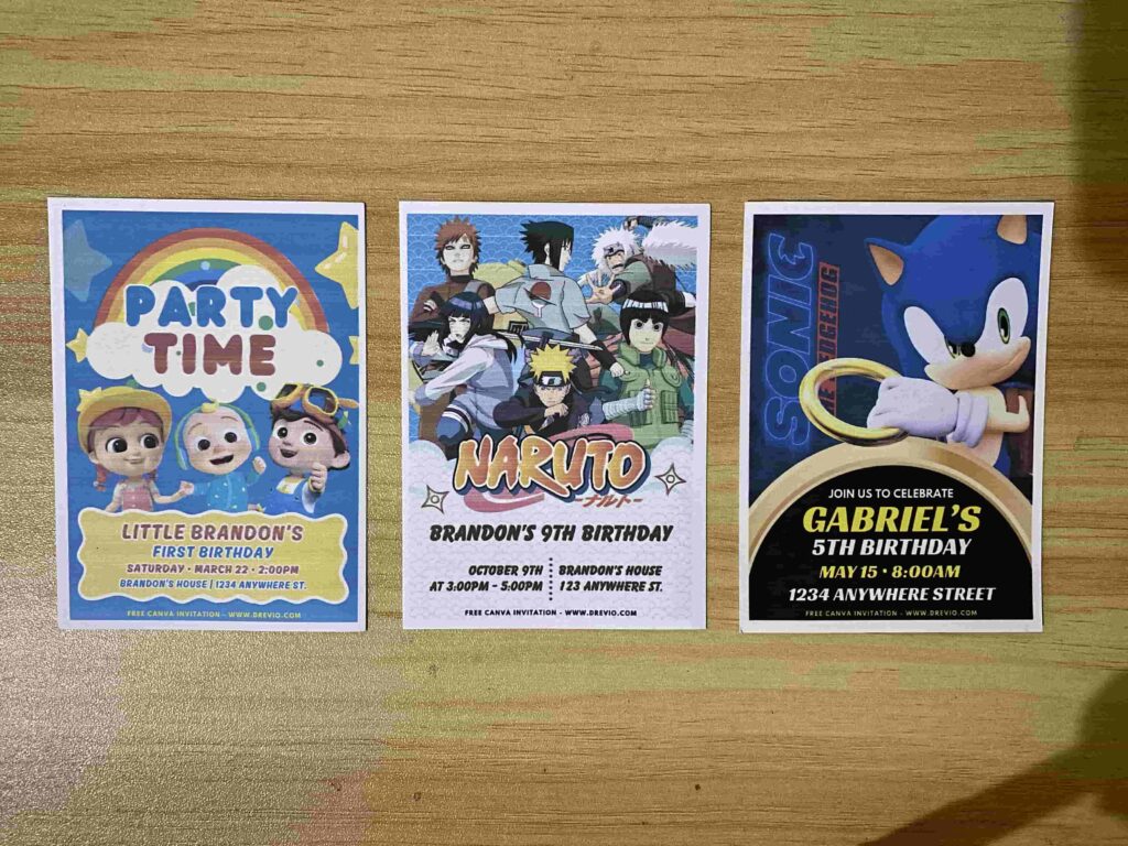 Preview of Sonic the Hedgehog, Naruto Shippuden and Cocomelon Rainbow Party Time birthday invitation Printed on 5x7 A7 250gsm 80lb matte cardstock paper
